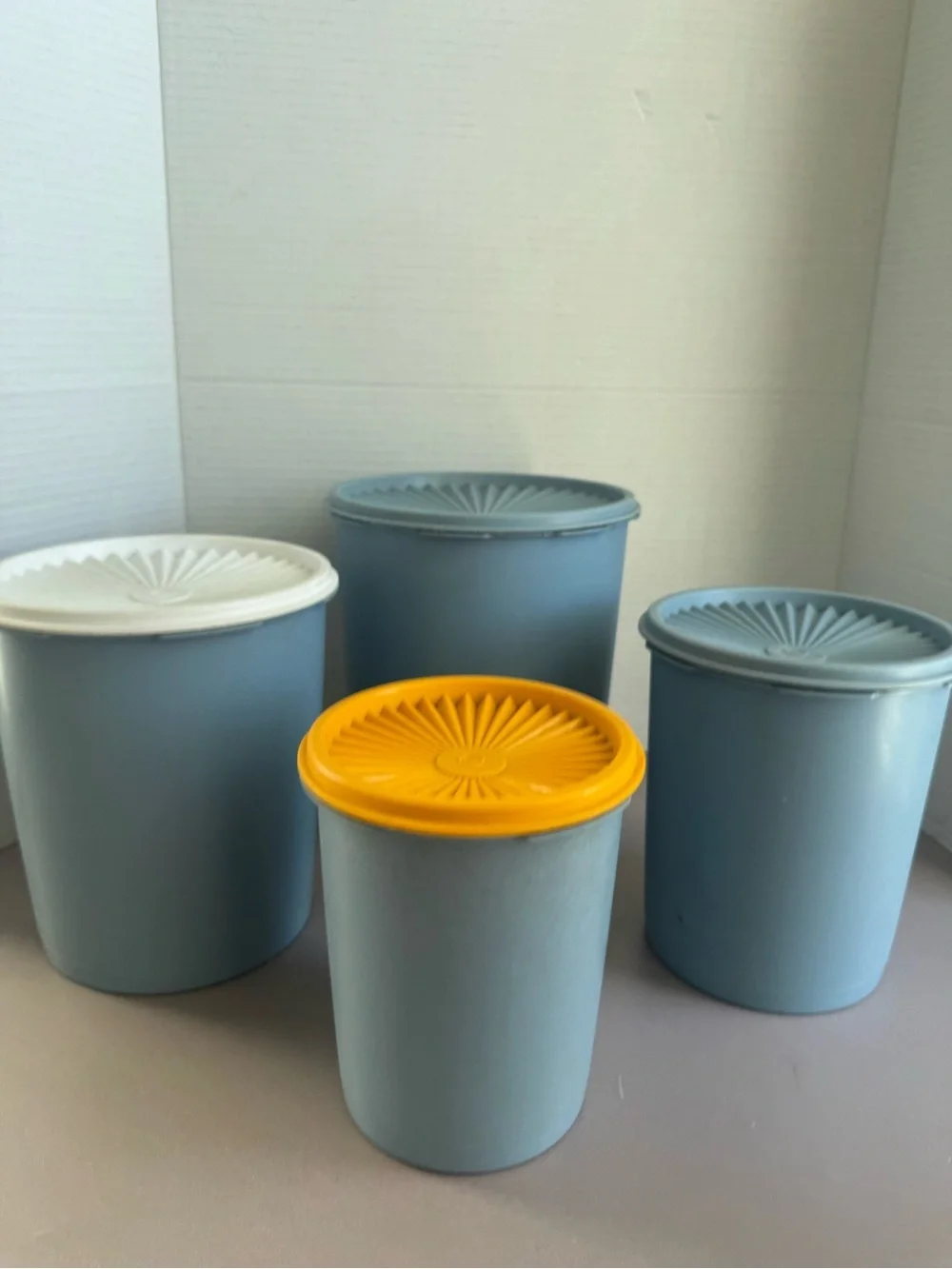 Tupperware Light Blue Canisters with Yellow and White Lids